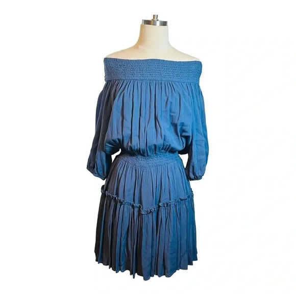 HAILEY & CO. OFF THE SHOULDER TIERED BLUE FLOWY RAYON DRESS‎ WOMEN'S SIZE LARGE - Picture 2 of 9